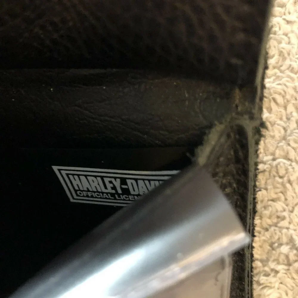 Vintage HARLEY DAVIDSON Biker Black Leather Large Trifold Wallet Embroidered